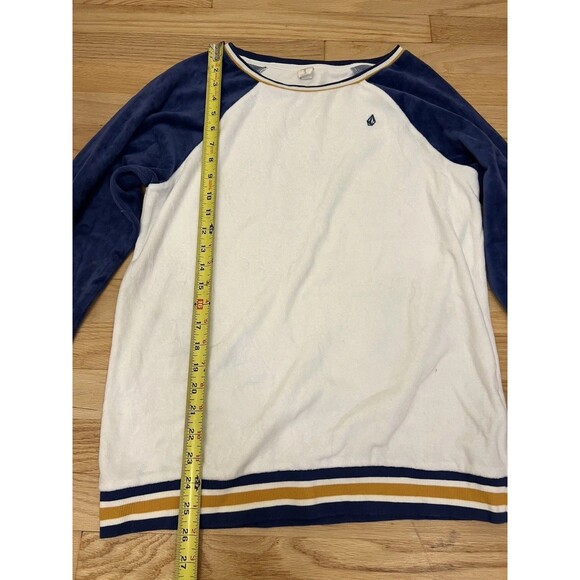 Volcom Terry Cloth Pullover Sweater Mens Medium White Blue Raglan Retro Surf - Picture 2 of 5